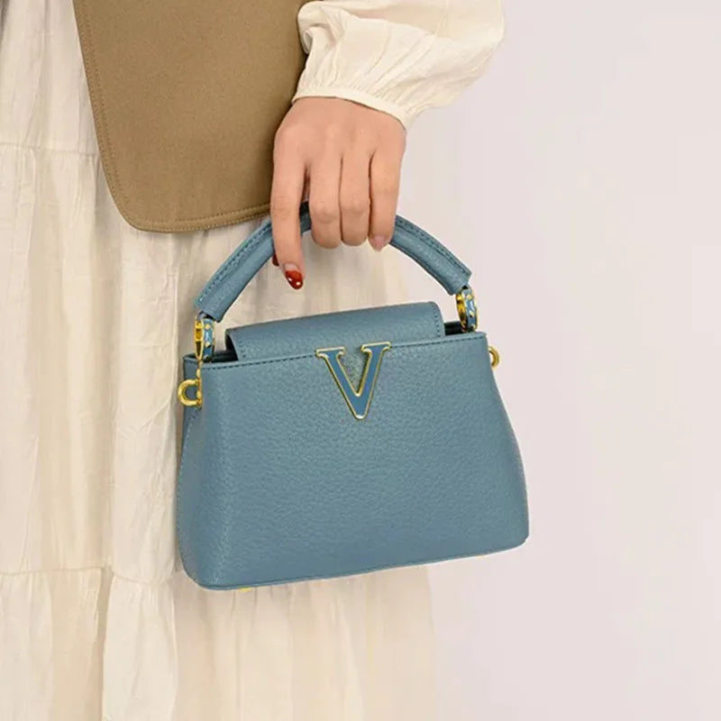 Luxury Fashion Leather Women Handbags 2025 Summer New Small Shoulder Crossbody Bag Portable V Letter Shell Messenger Bags