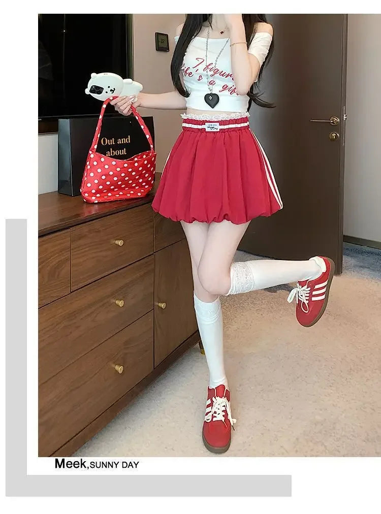 American Style Spliced Lace Stripe High Waist Half Skirt Women Summer Anti Exposure Flower Bud Puffy Short Skirt Polyester Fiber