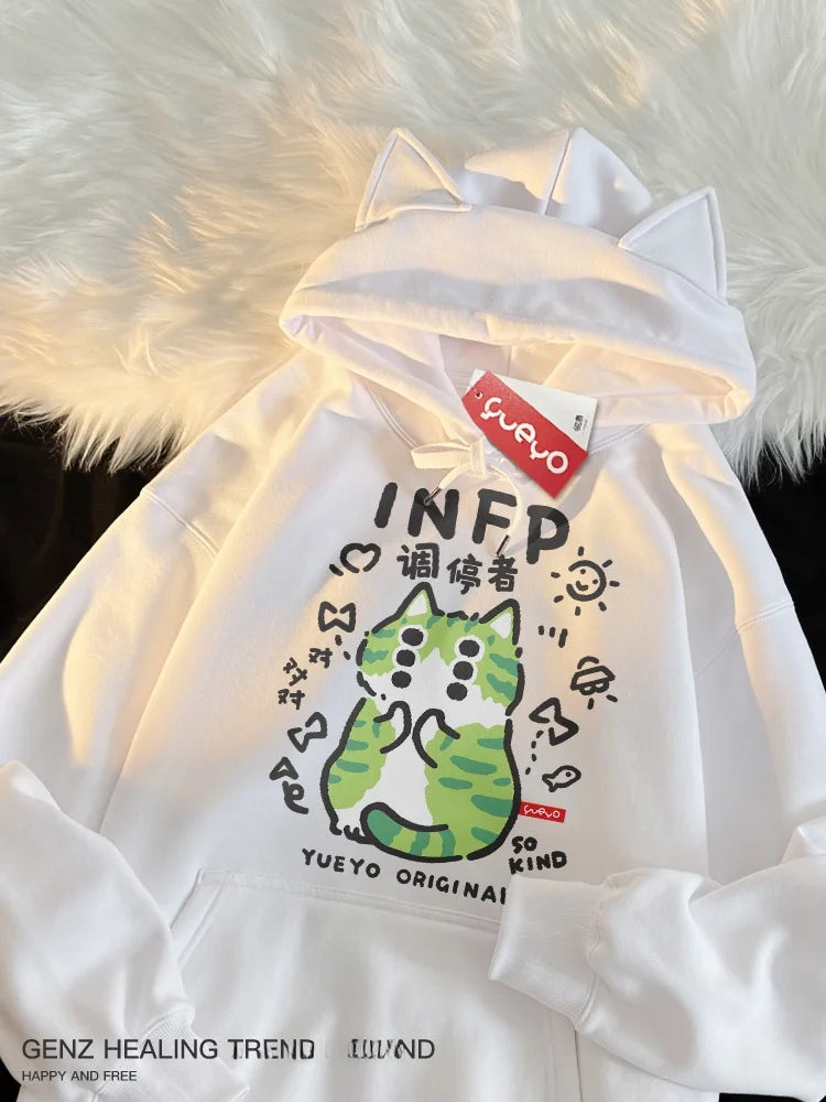 Original Fce-lined Hoodie Men's Spring MBTI Mediator INFP  Ear Design Comfortable Loose Fit Youthful Trendy Polyester C...