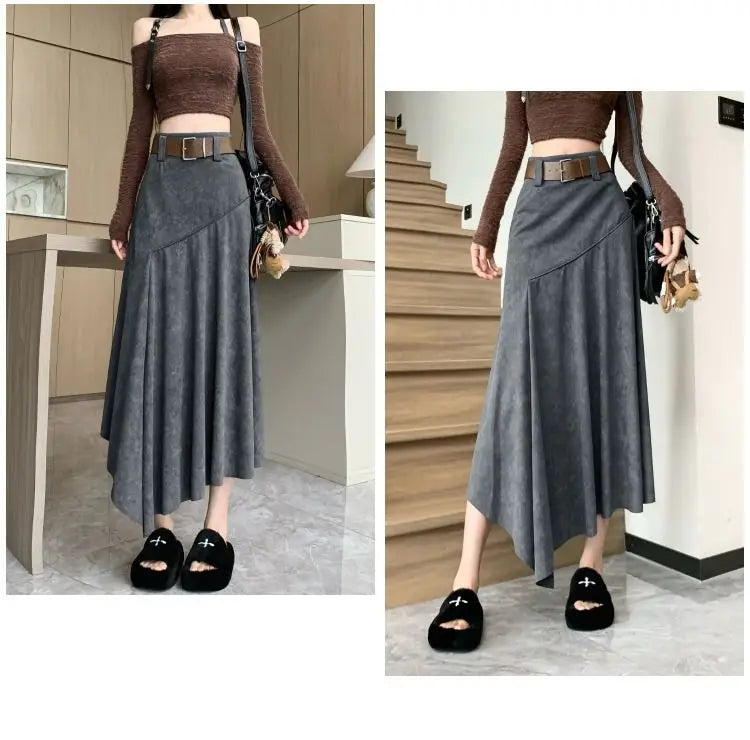 Women Clothing Autumn Korean Fashion Vintage High Waist Asymmetrical Skirts Female Elegant Chic Tie Dye Slim Long Skirt Faldas