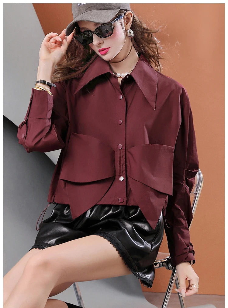 Spring new niche design solid color bow pleated short casual women's shirt for  women