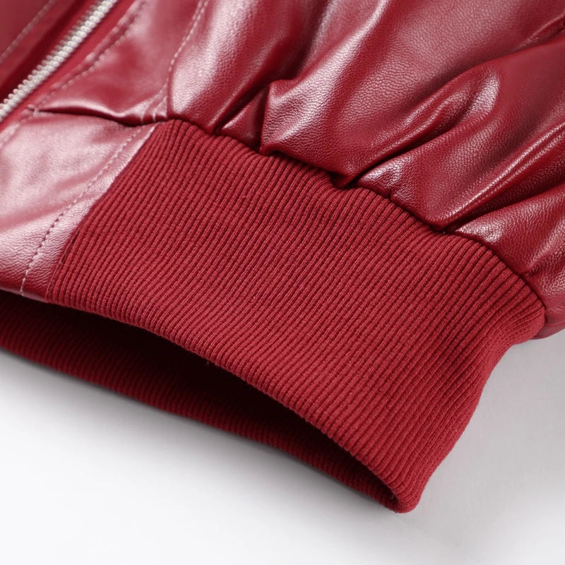 Fashion Green PU Leather Jacket Women Laple Zipper Loose Full Sleeve Single Breasted Cropped Coat 2024 New Lady Solid Streetwear