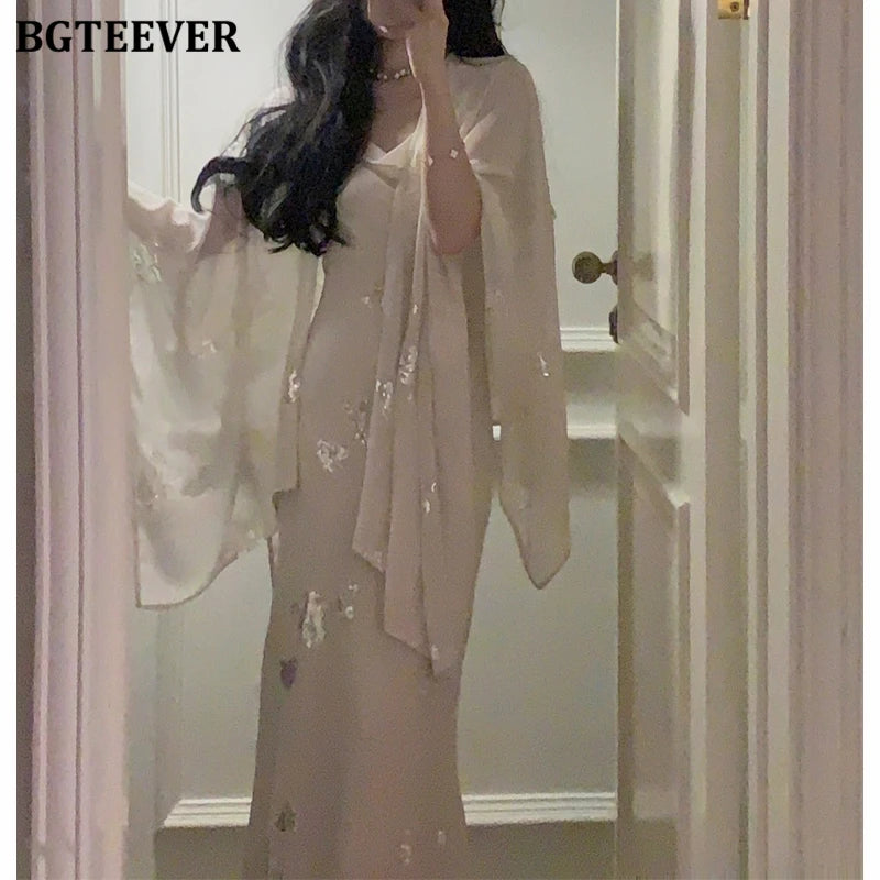 BGTEEVER Autumn Winte Slim OL Embroidery Set Long Sleeve Cardigans & Spaghetti Strap Package Hip Dress Ladies 2 Pieces Set