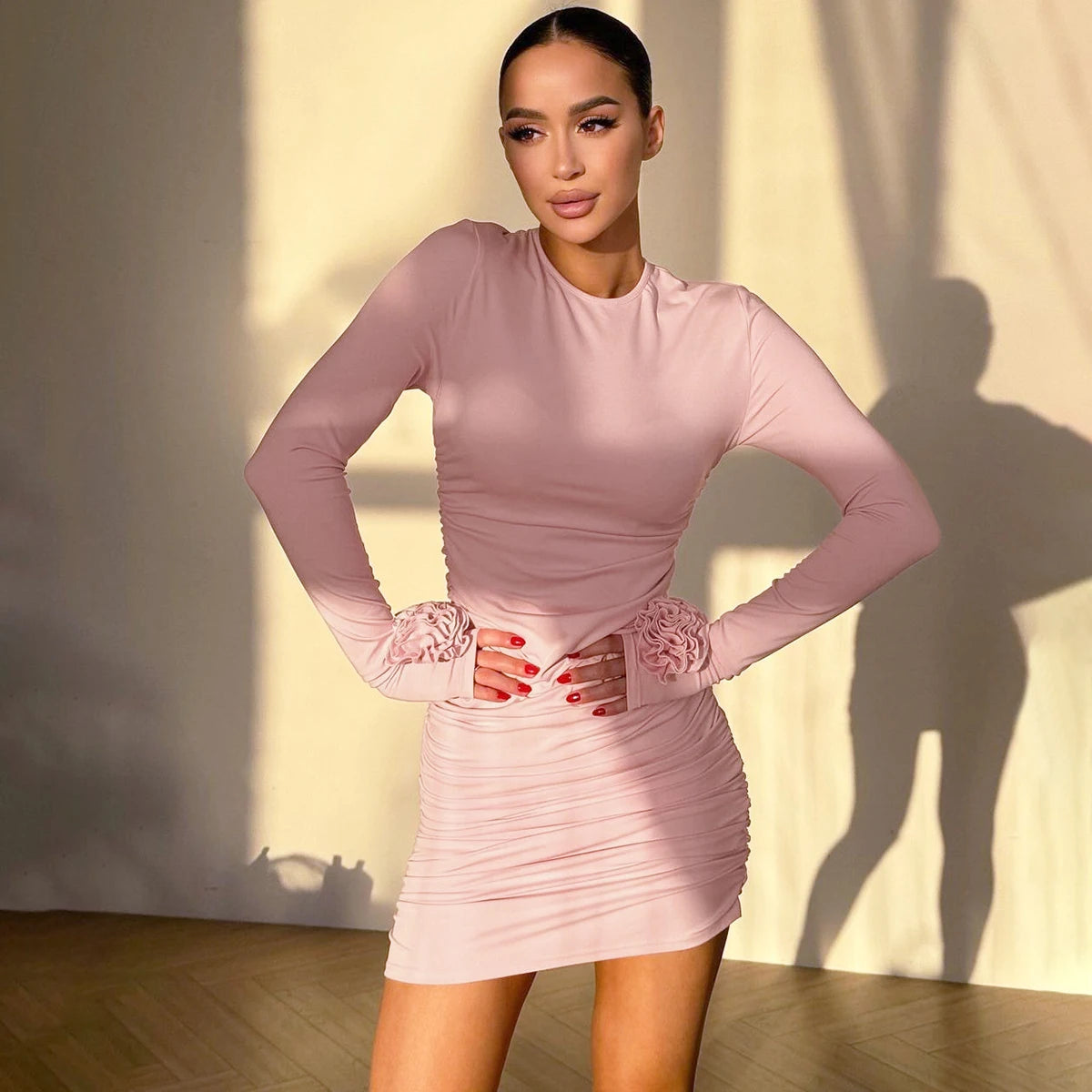 Hugcitar 2025 Elegant Solid Long Sleeve Tie Flowers Sexy Bodycon Pleated Mini Dress Spring Women Outfits Birthday Party Festival