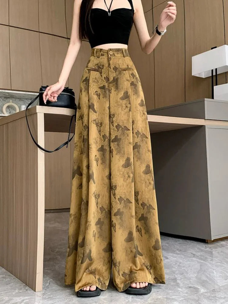 Zoki Bufferfly Print Satin Wide Leg Pant Women Loose Elegant Fashion High Waist Korean Trousers Casual Sweet High Quality Pants