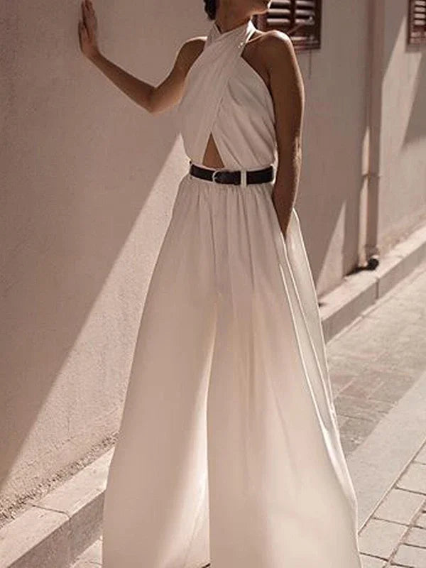 Women Summer Solid Color Pleated Outfits 2024 New Female Fashion Sexy Backless Halter-Neck Jumpsuits Streetwear Without Belt