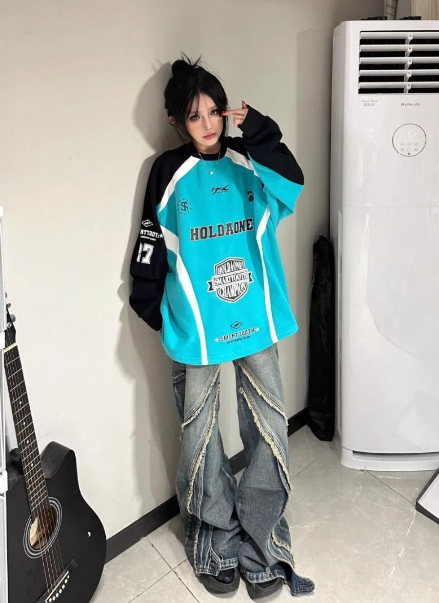 New American Retro Street Brand Color Matching Casual Color Matching Sweater Male Loose Couple Long Sleeve Racing Jacket Female