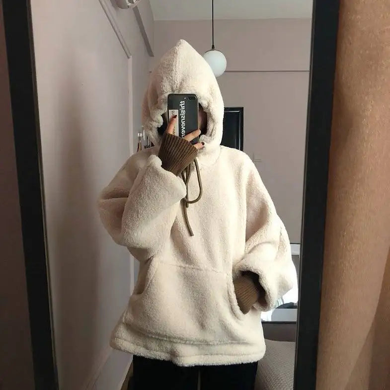 Plush Women Hoodie Solid Color Loose Pullover Hooded Korean Fashion Cold-proof Thicken Soft Spring Hooded Sweatshirts худи 후드티