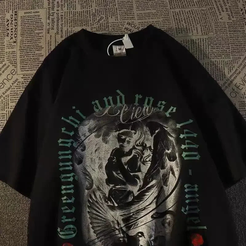 Summer Gothic Retro Print Graphic T shirt Top Fashion Y2K Men and Women Street Hip Hop Harajuku Loose Oversized T shirt