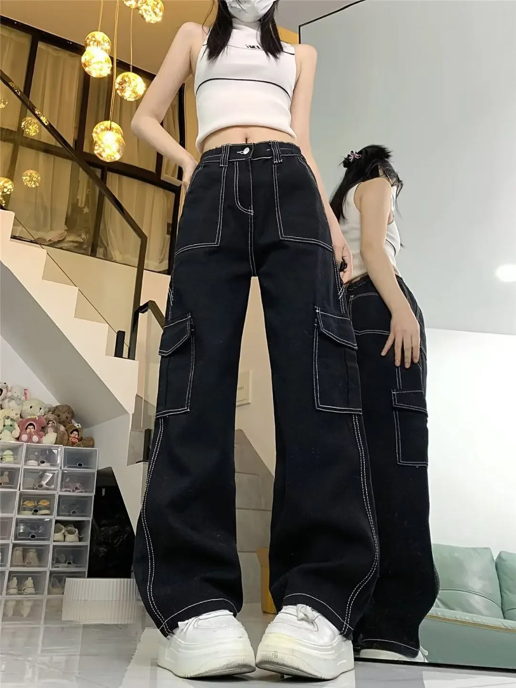Jeans Women's Straight-leg Loose-fit Spring Autumn/winter 2024 New High-waisted Slimming Petite Wide-leg Cargo Pants