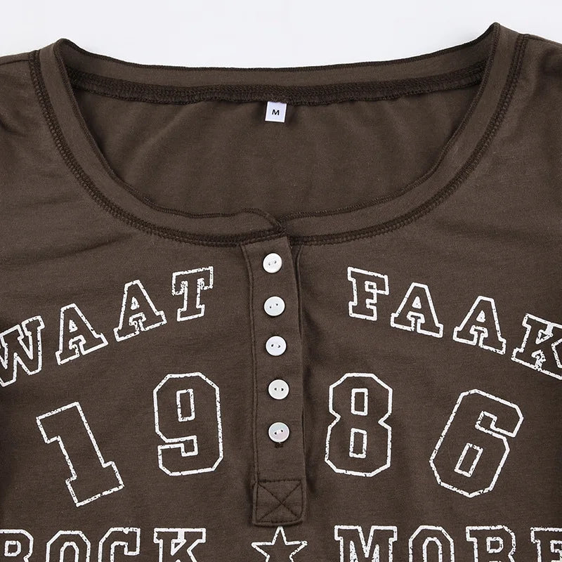 Black T-shirt Women Autumn Letter Print Streetwear Long Sleeves O-Neck Bodycon Sexy Top Button Fashion Casual Slim Tees Female