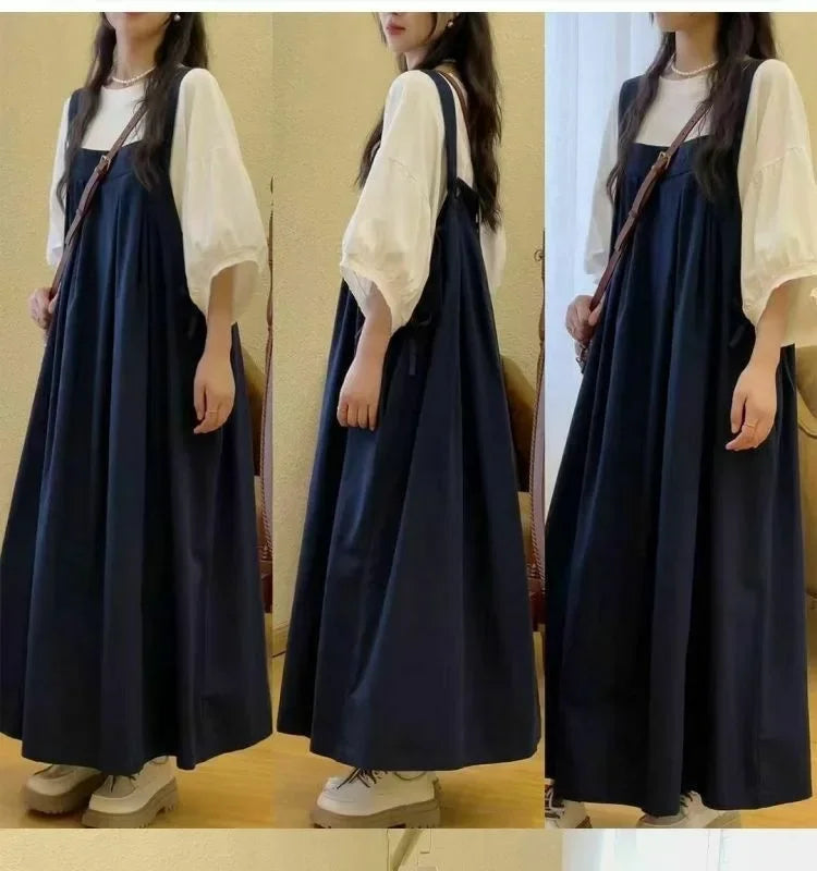 Large Size Women's Summer New Style Loose Slimming Strap Dress Forest System Vintage Retro Big Code Halter Neck Dress