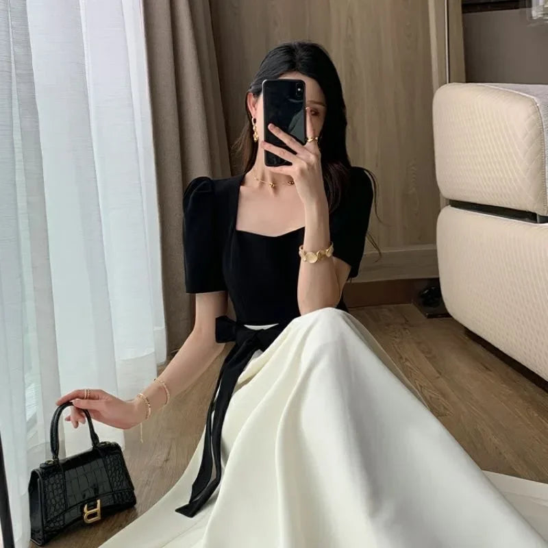 Elegant High-waisted Slimming Black Square Collar Long Dress 2024 New Style Vintage French Fashion For Women