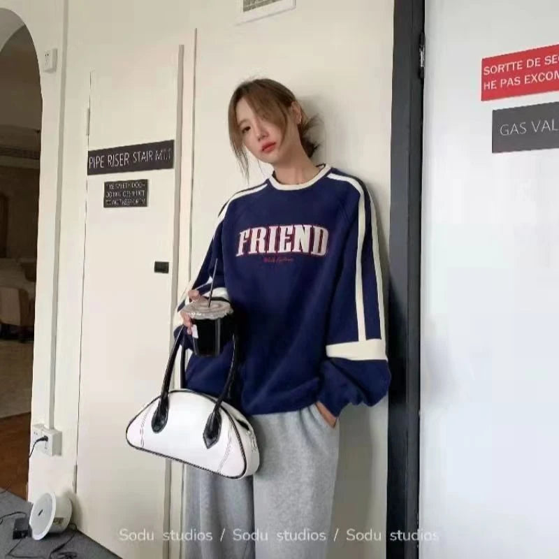 Autumn White Women Clothing Vintage Street Sweatshirt Y2K Stripe Letter Printing Pullover Long Sleeves Warm Oversize Ladies Tops