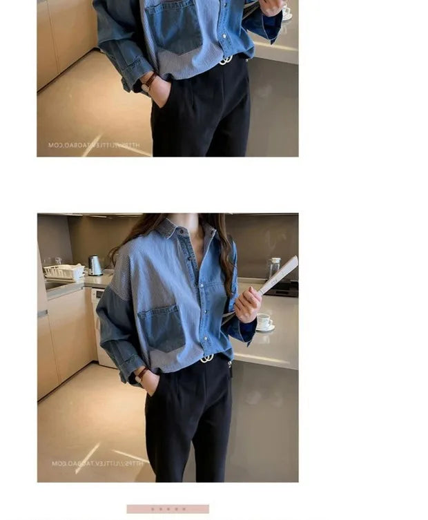 Womens' Splicing Striped Shirt Fashion Spring Autumn Versatile Thin Outerwears Korean Fashion Loose Blue Denim Jackets