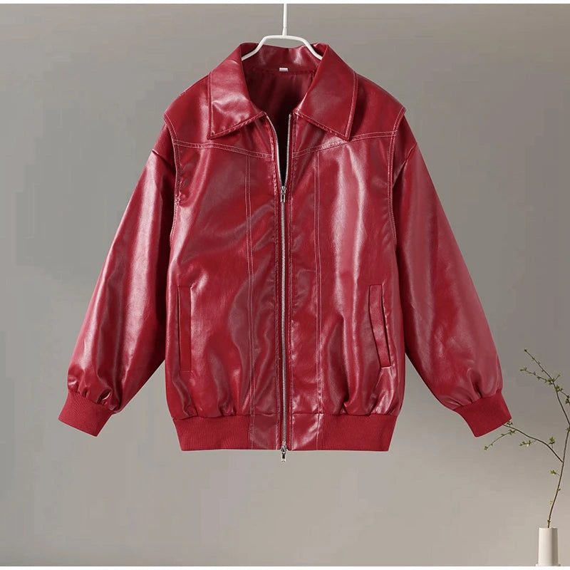 Fashion Green PU Leather Jacket Women Laple Zipper Loose Full Sleeve Single Breasted Cropped Coat 2024 New Lady Solid Streetwear