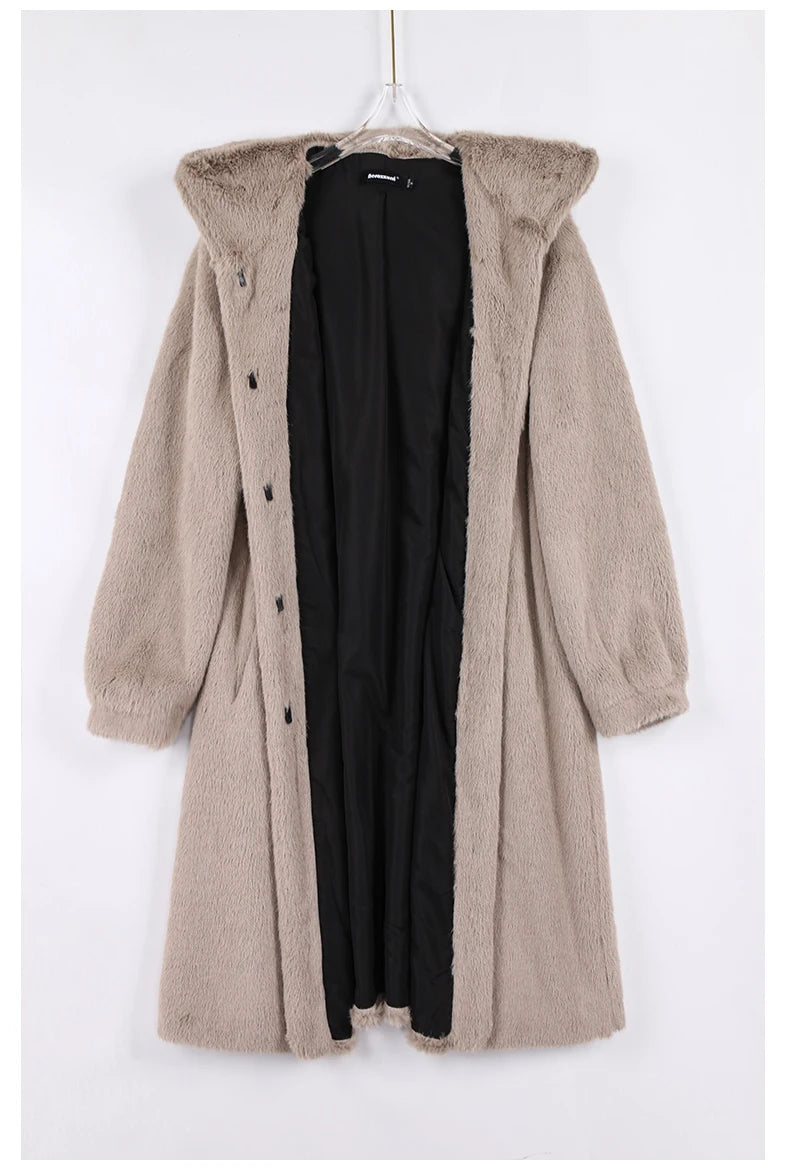 Lautaro Winter Luxury Long Black Faux Mink Fur Coat Women with Hood Long Sleeve Elegant Thick Warm Fluffy Furry Jacket 6xl 7xl