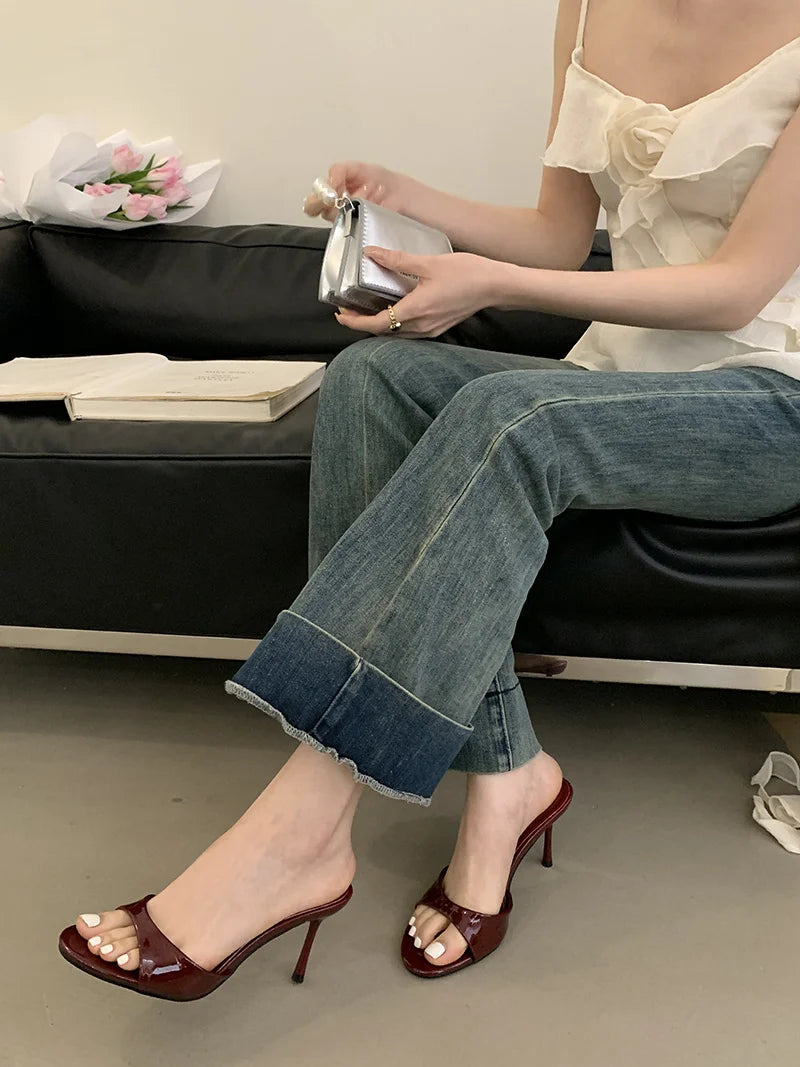 Liyke Wine Red Patent Leather Women Slippers Sandals Fashion Round Open Toe Thin High Heels Mules Slides Summer Party Dress Shoe