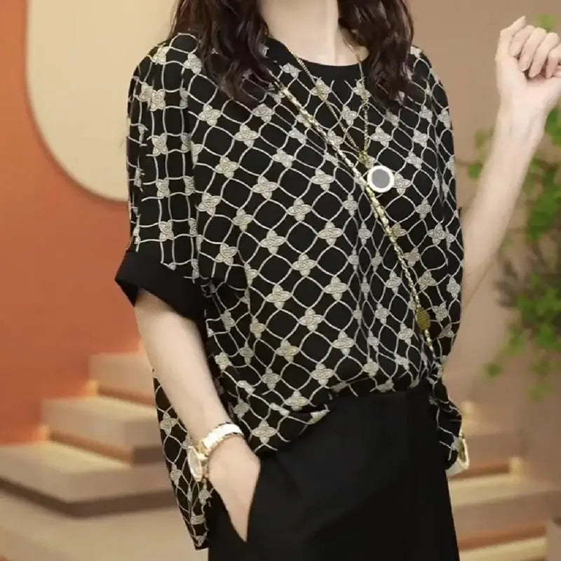 Vintage Fashion Summer Women's O-Neck Printing Screw Thread Patchwork Batwing Sleeve Temperament Versatile Loose T-Shirts Tops