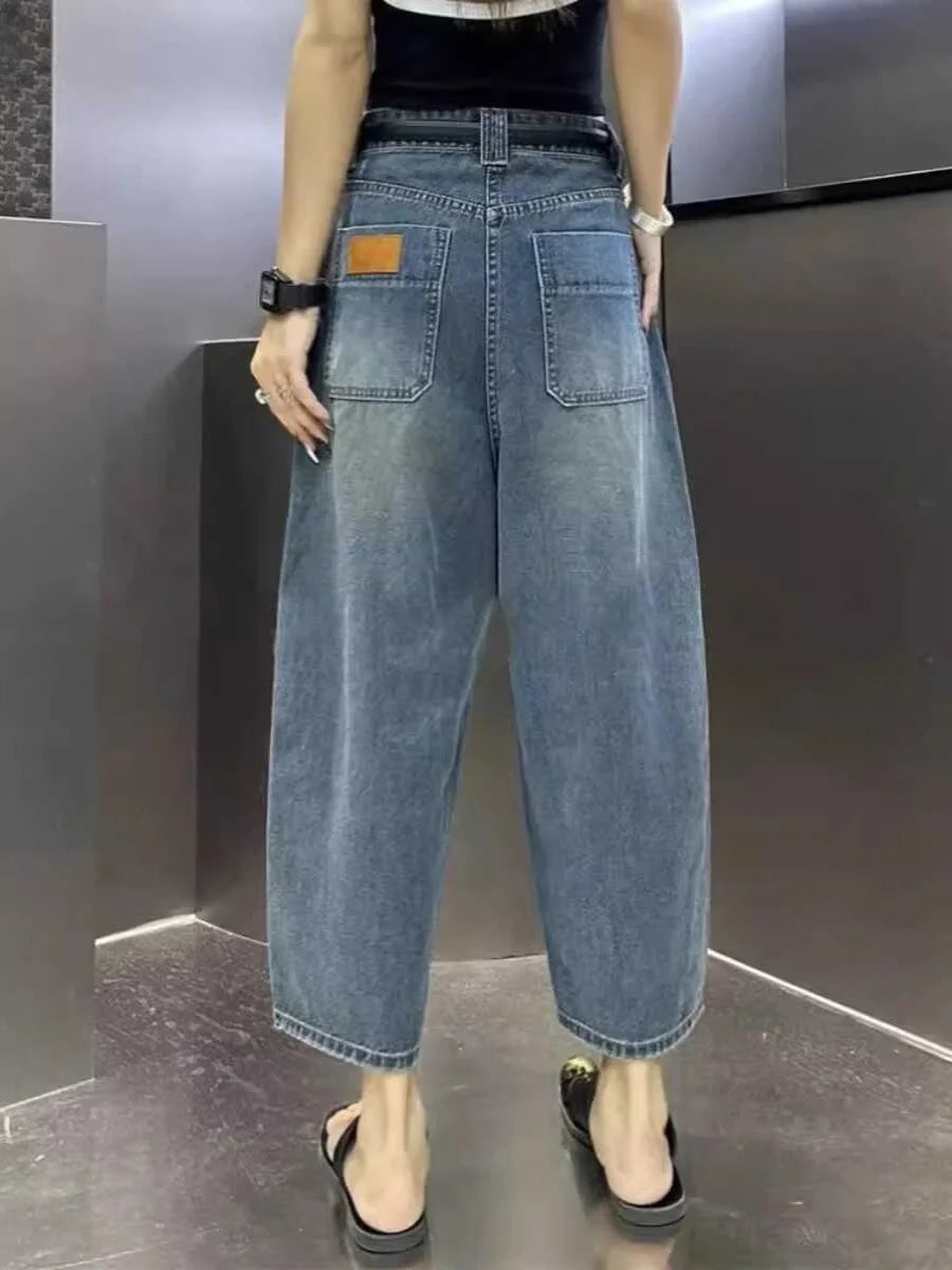 Loose Dad Jeans Women's Spring Summer New Sle Wide Leg Nine Points Harlan plus Size Slimming Trousers High Waist Denim