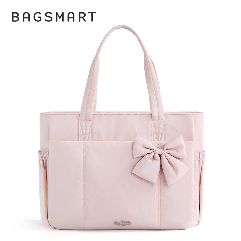 BAGSMART Padded Tote Bag With Bow Casual Quilted Padded Women Shoulder Bags Fit 15.6in Laptop Large Capacity Yoga Gym Bags