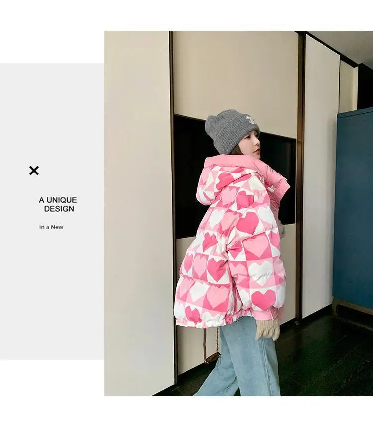 Duck Down Coat for Women, Loose and Thicken Hooded Parkas, Printed Outerwear, Female Bread Jackets, Winter Clothing, New, 2024