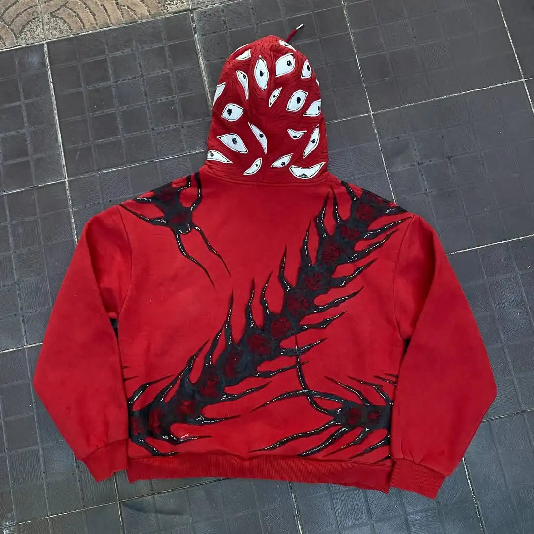 New Fashion American Gothic Style Cthulhu Bug Pattern Red Hoodie Men's Loose Casual Street Pop Hip Hop Rap Y2K Sweatshirt