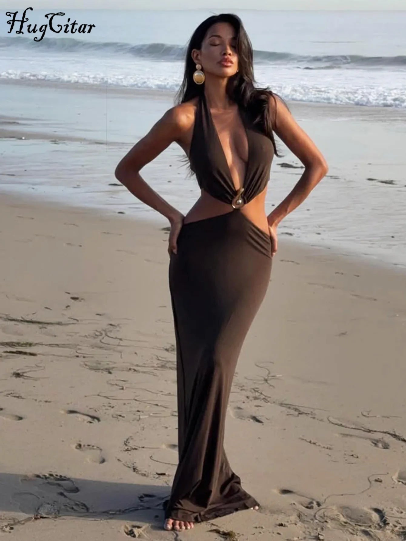 Hugcitar Women'S Fashion Halter Solid Hollow Out Backless Sexy Slit Maxi Dress 2025 Summer Clothes Beach Vacation Y2K Wholesale