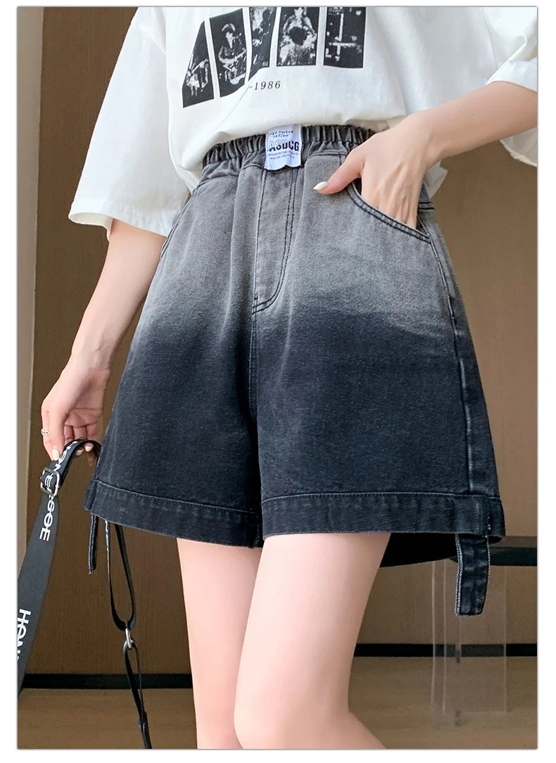 Gradient Plus Size Denim Shorts For Women Summer 2024 New High Elastic Waist Pockets Wide Leg Loose Jean Short Femme Hot Sale