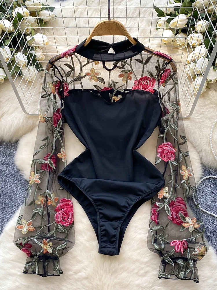 Women's Black Gothic Vintage Jumpsuits Y2k Harajuku Embroidery Overalls Korean Aesthetic 2000s Exotic Sexy Mesh Rompers Clothes