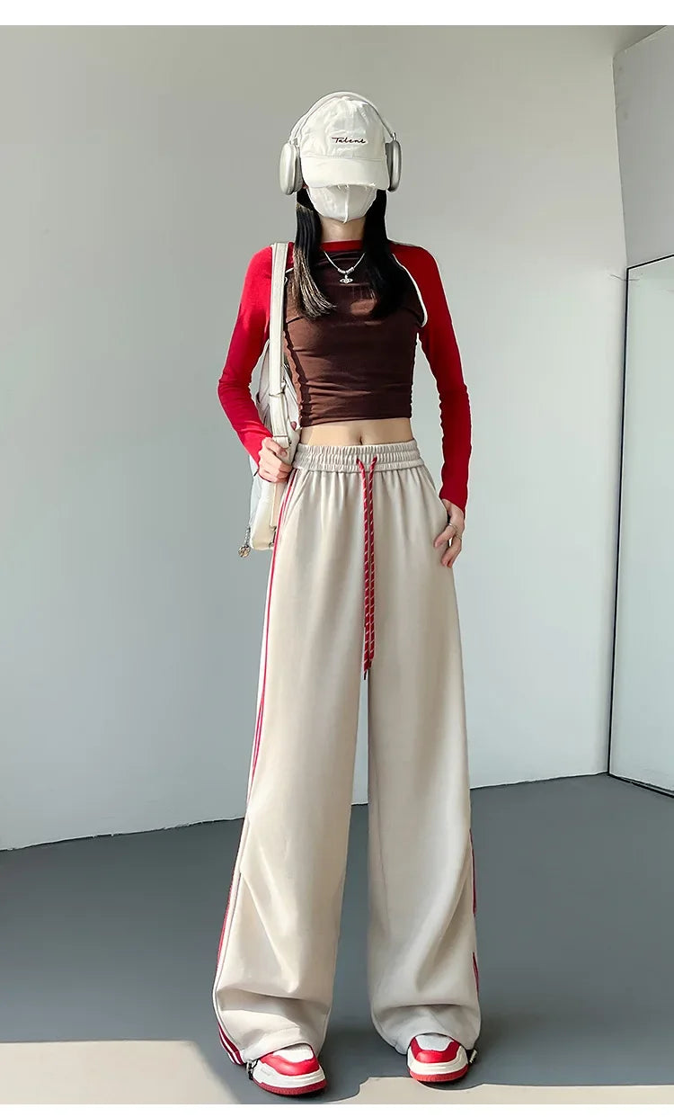 New 2025 American Stripe Sports Pants Women's Spring Autumn Wide Leg Loose Jazz Dance Casual Parachute Long Trousers