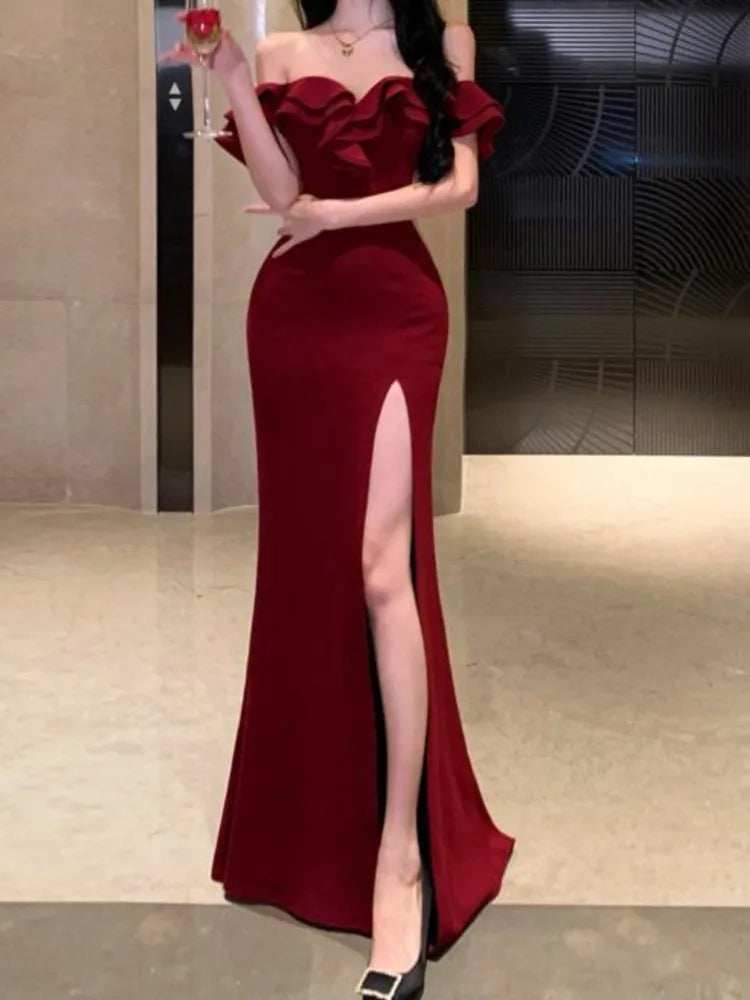 Women Sexy Bodycon Off Shoulder High Split Long Dresses Wedding Evening Party Prom Robe Ruffles Slash Neck Summer New Vestidos