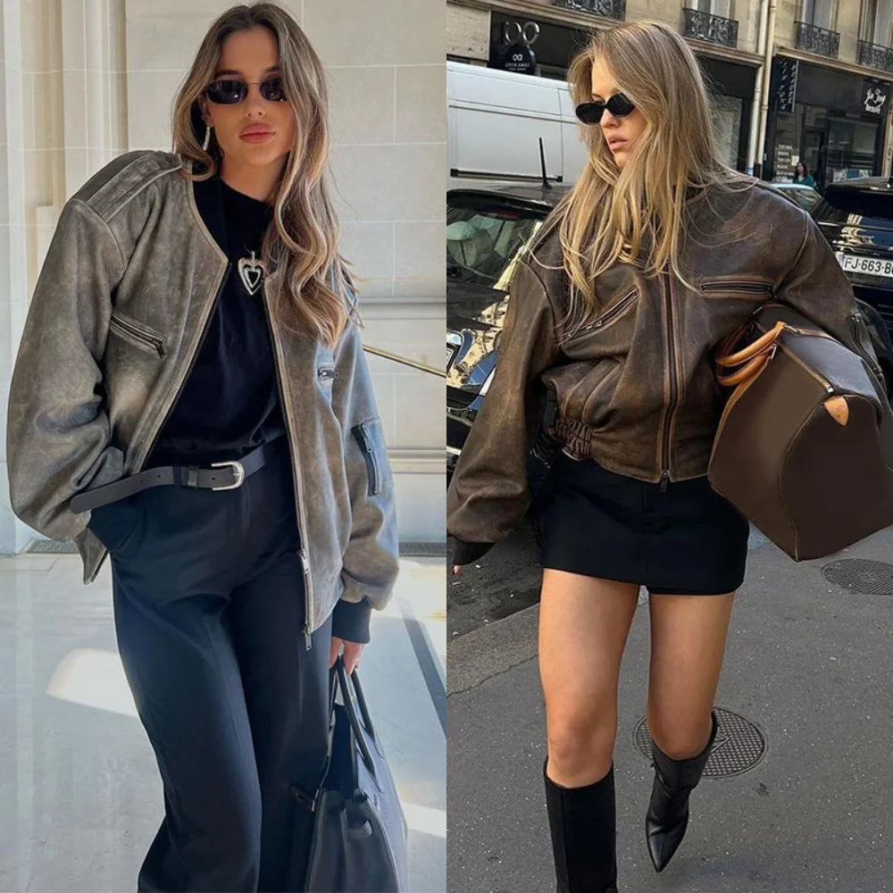 2025 Autumn Women's Leather Jacket, Personalized Street Style Women's Casual Round-neck Zipper Flight Commuting Jacket