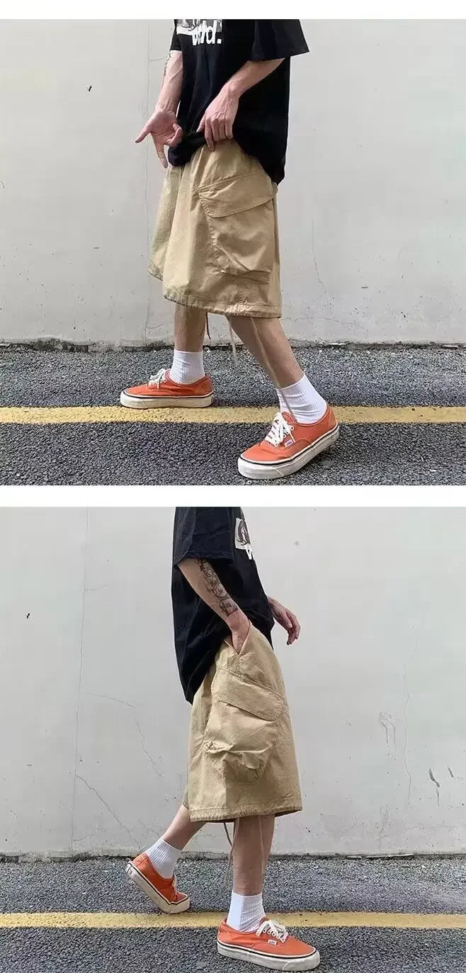 Loose Casual Men's Workwear Shorts Summer Wide Leg Drawstring Five-Quarter Pants Retro Japanese Style Outerwear Shorts