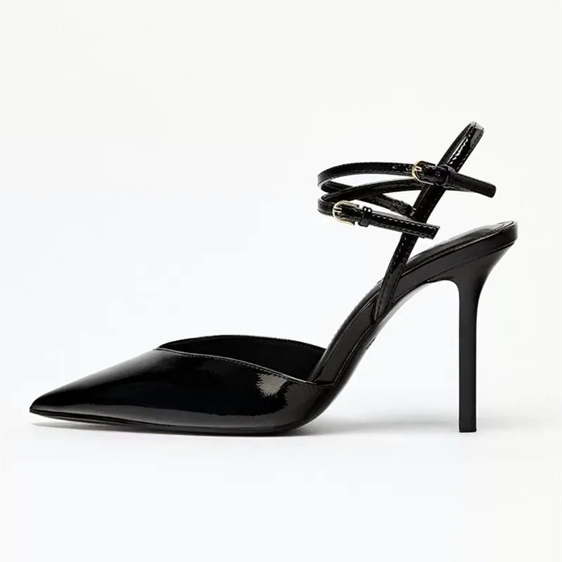 Sexy Pointed Toe Patent Leather Women Pumps Elegant Ankle Strap Buckle High Heels Luxury Designer Shoes Mules Heeled Sandals