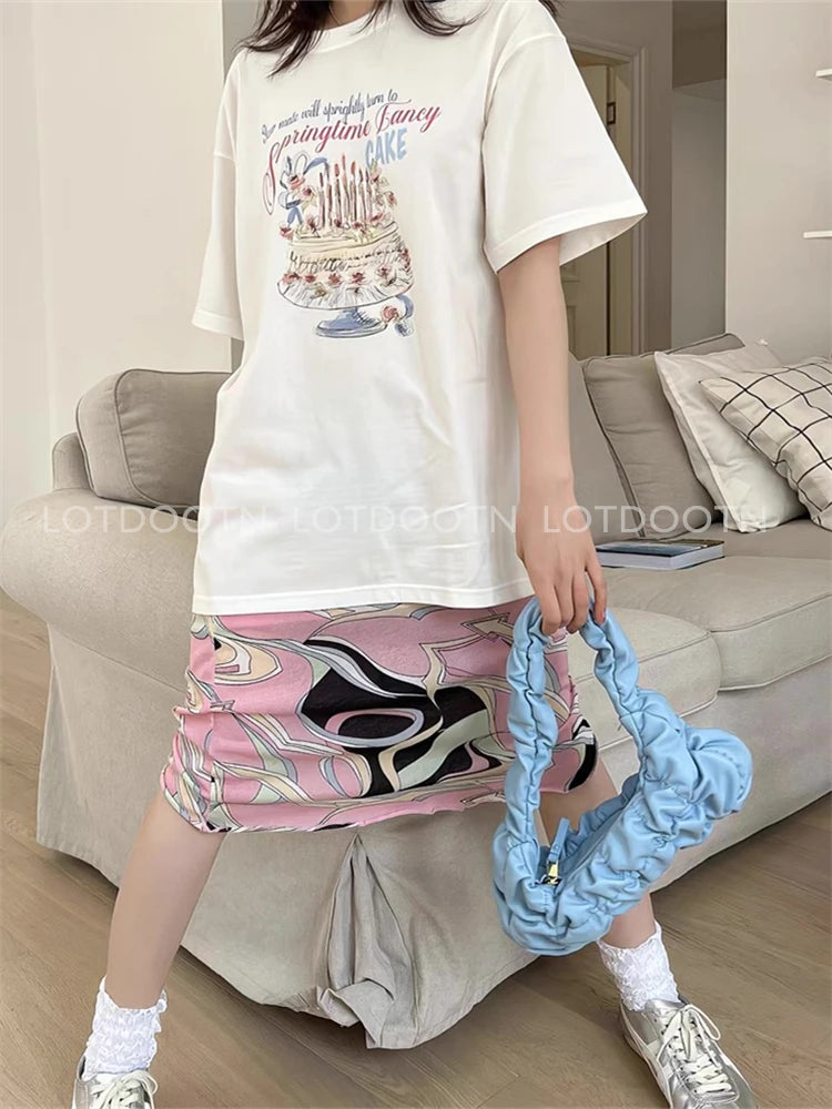 LOTDOOTN Loose Short Sleeve T-Shirt Cake Print Sweet Design Korean Casual Cotton Crew Neck Tops Female Summer Fashion Tee Shirts