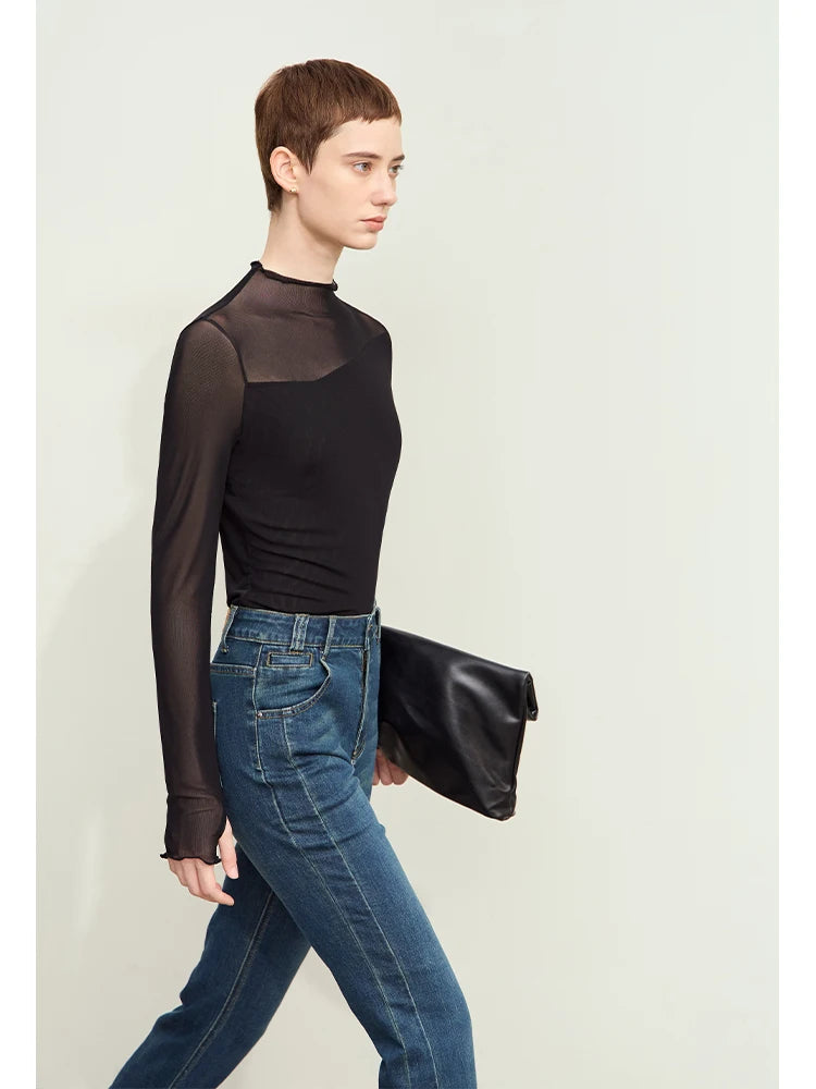 Amii Minimalism Mesh T-shirts For Women 2025 Spring New Office Lady Half-high Neck Micro Perspective Slim Retro Shirt 12423055