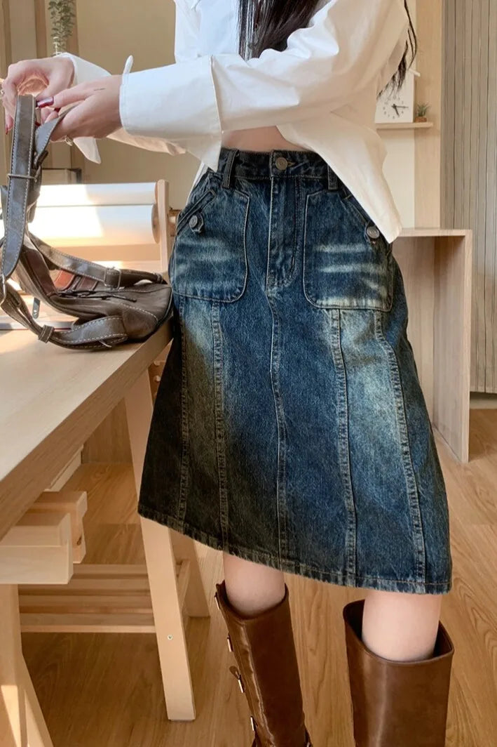 American Retro Distred Denim  Skirt Women plus Size Loose Slimming A-Line Midi Skirt Spring Summer New Sle