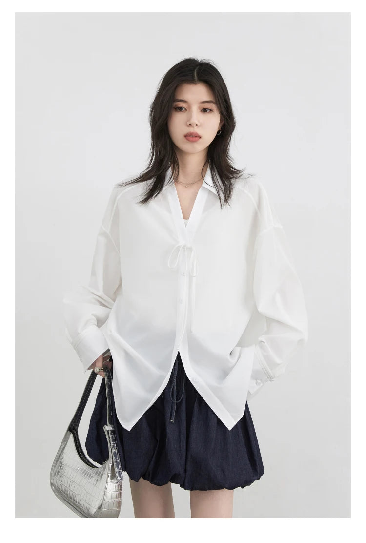CHIC VEN Women Shirt Loose Casual Solid New Lapel Tie Design Sun Protection Blouses Long Sleeved Female Coat Summer 2025