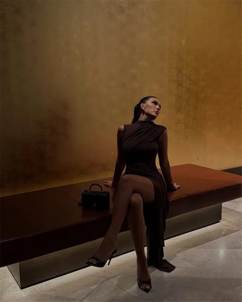 Mozision Irregular Draped Ruched Sexy Mini Dress For Women Elegant Turtleneck Sleeveless High Waist Pleated Club Party Dress