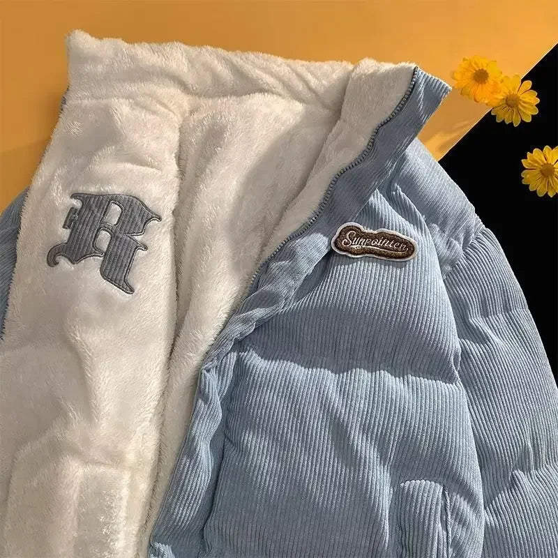 Fog Blue Cotton-padded Coat Men's Winter Thickened Hong Kong Style Corduroy Cotton Jacket Design Sensibility Niche 2023 Workwear