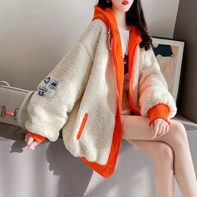 Imitation Lamb Wool Zipper Coat Woman Hoodies Y2k Clothes Sweatshirt Streetwear Korean Fashion Autumn Winter Jacket New Loose