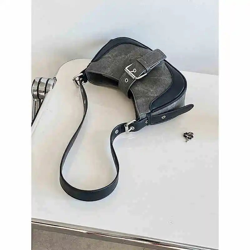 Retro Black Grey Underarm Bag for Women French Versatile Cool Girls Moto One Shoulder Bags Temperament Commuter Handbags Trend