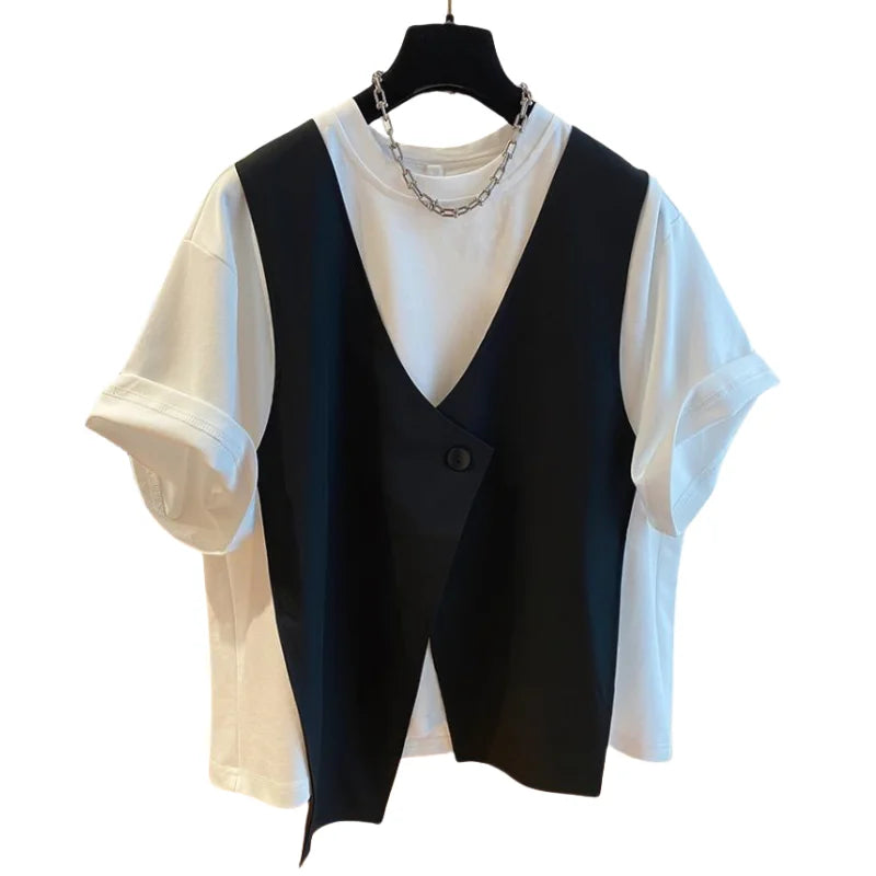 Fashion Fake Two Piece T Shirt Women Niche Design Sense T-shirt Loose Casual Stitching Vest Button Short Sleeve Tshirt