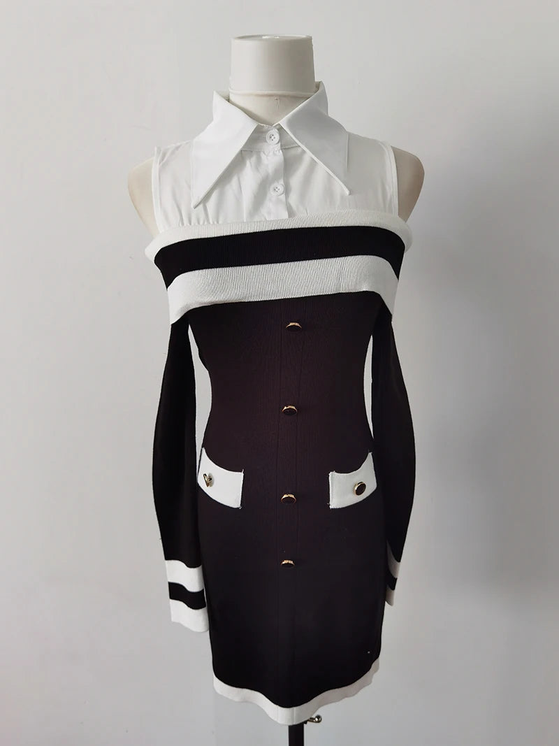 Hot Girl Off Shoulder Long-sleeved Knitted Dress Women's Autumn Fake Two-piece Shirts Spliced Sexy Wrapped Hip Short Dress