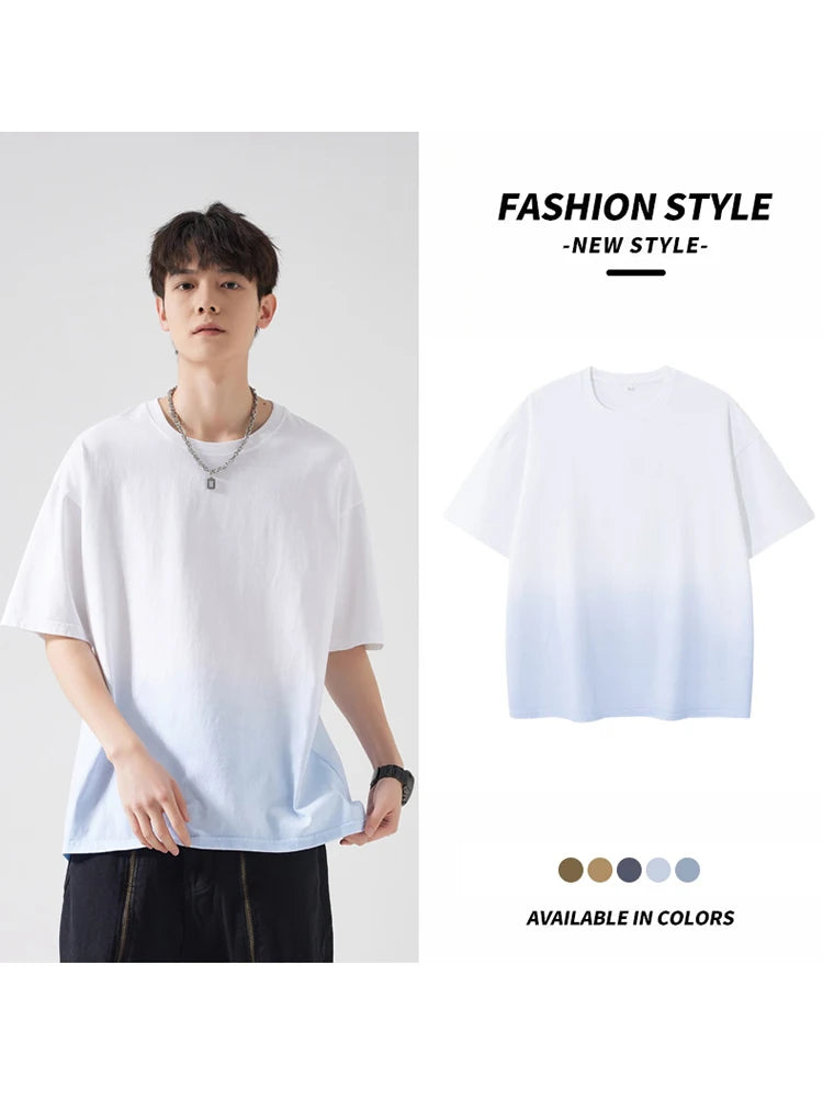 Men's Gradient Dyeing T-shirts 230Gsm Cotton Korean Vintage Street Style Oversized Tees Short Sleeve Loose Fit Basic Tops