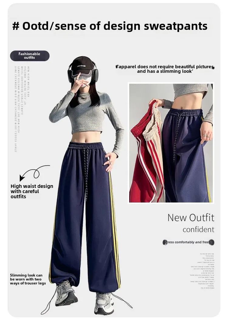 New 2025 American Stripe Sports Pants Women's Spring Autumn Wide Leg Loose Jazz Dance Casual Parachute Long Trousers