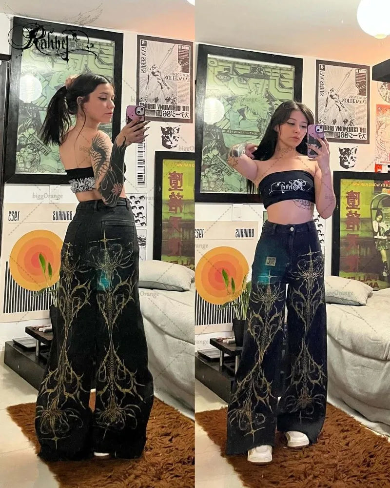 Gothic Harajuku Graphics High Waist Straight Wide Legs American Retro Baggy Jeans Women Trendy Streetwear Harajuku Y2K Pants