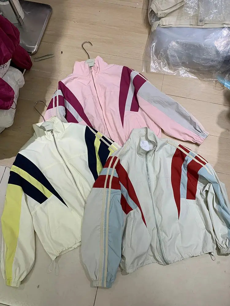 Patchwork Stand Collar High Street Y2k Bomber Outerwear Contrast Color Casual Loose Zipper Summer Jackets Women Baseball Coats