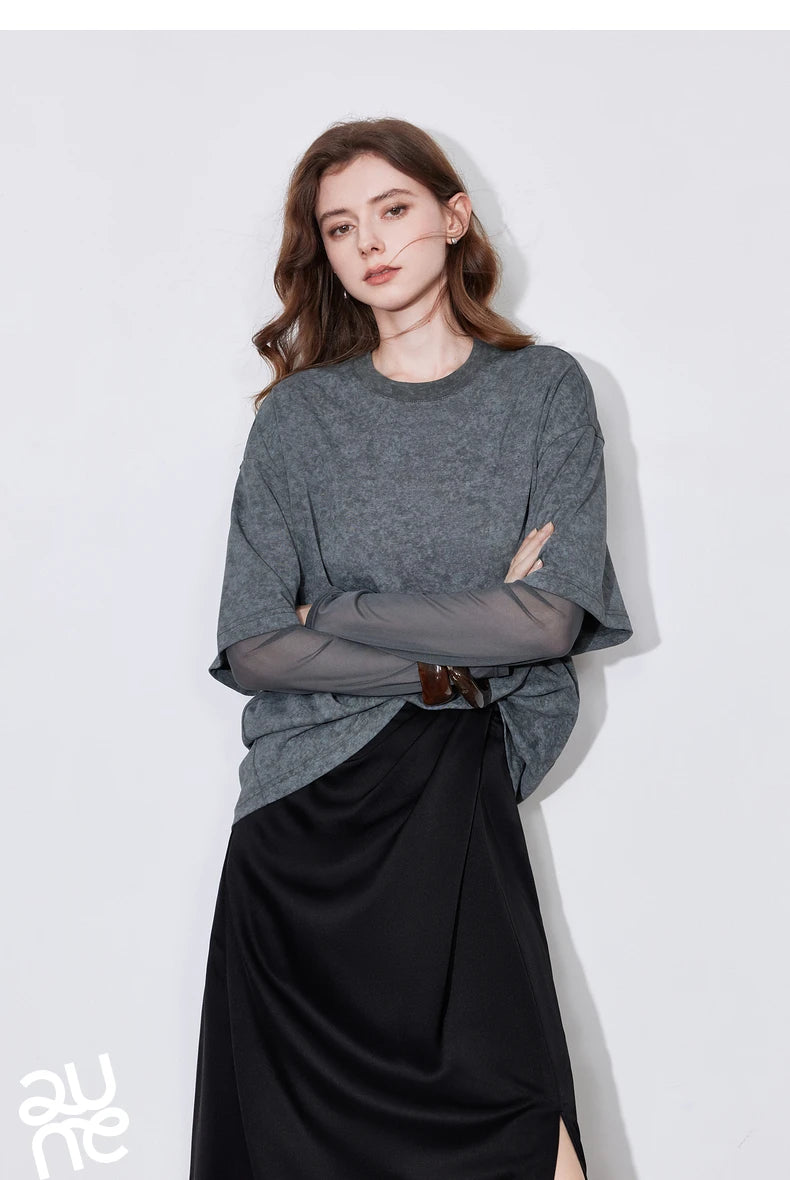 TOYOUTH Women T shirt 2025 Spring New Fake Two Piece Printed Round Neck Fashionable Pullover T shirt